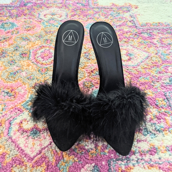 Black Feather Peep Toe Mules - Picture 4 of 5